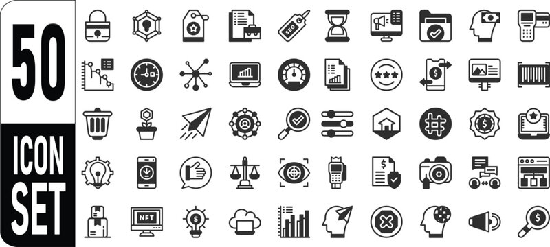 Set of 50 black business and technology icons for web design and digital marketing projects on a simple page