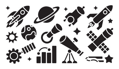 Set of space and science icons planet rocket telescope satellite gear and chart. © Tamanna