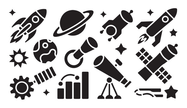 Set of space and science icons planet rocket telescope satellite gear and chart.