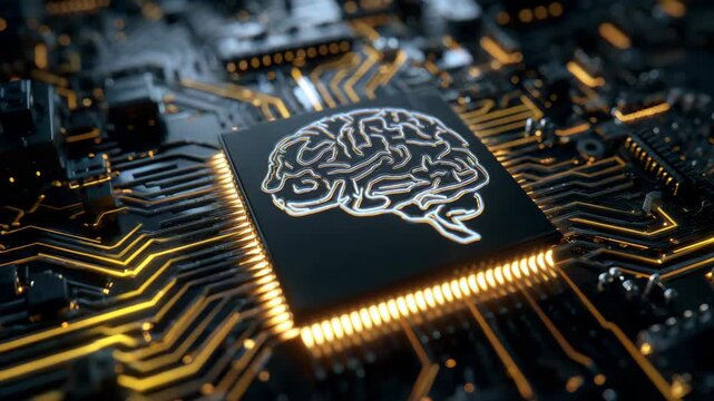 Close-up of a computer chip featuring a brain symbol in the center. Neuromorphic chips are designed to mimic the structure and function of biological neurons for advanced AI applications.