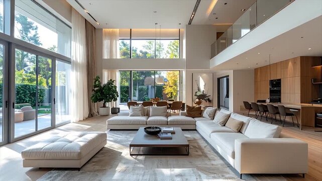 Modern, bright interior showcasing a spacious living area with large windows and a mezzanine