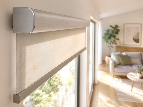 A motorized window roller shade with a silver metal housing is mounted above a window in a bright living room with soft natural sunlight