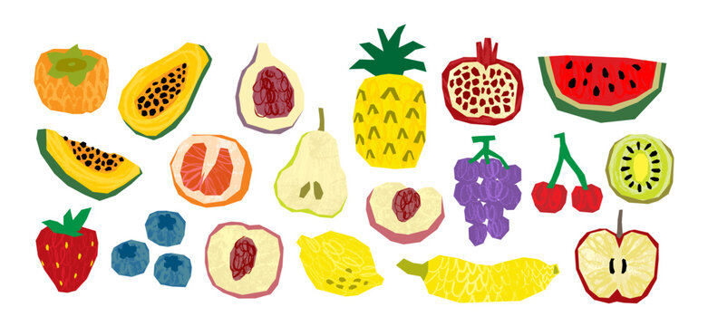 Fruit in paper cut collage style set, Food elements with hand drawn texture, doodle vector illustration for design menu, label, packaging, icons, poster, banner, print, decoration, etc