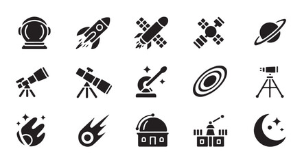 Space and astronomy simple vector icons, planet, rocket, telescope, moon, galaxy symbols. © Tamanna