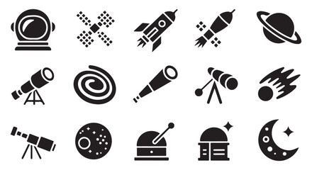 Space and astronomy vector icons set, planet, rocket, telescope, moon, galaxy symbols. © Tamanna