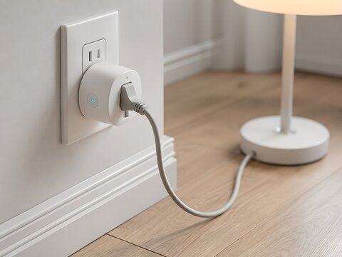 A white smart plug is inserted into a wall outlet with a lamp power cord connected to it, providing power to a lamp on a wooden floor
