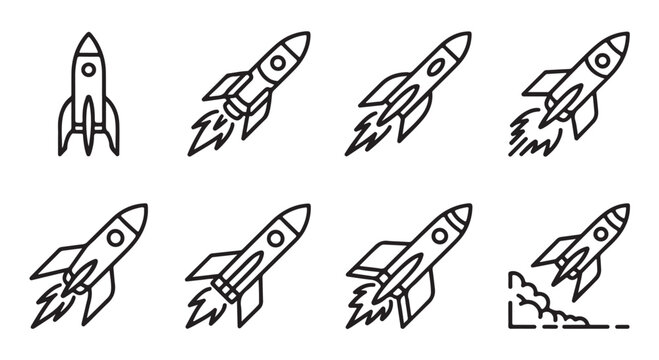 Set of rocket icons in thin line style on a transparent background.