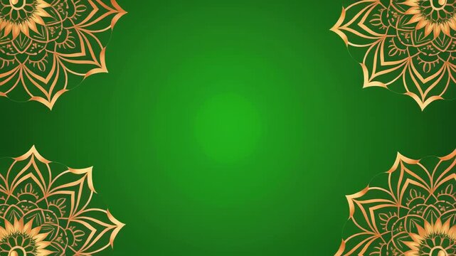 Golden mandala patterns on a vibrant green gradient background with cinematic motion during a gentle zoom out