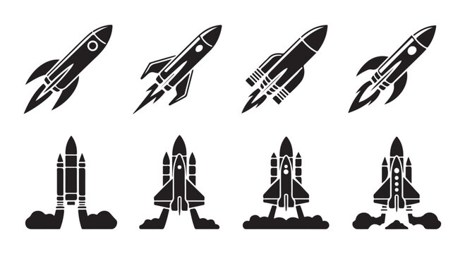 Collection of solid black rocket icons in various positions on a background.