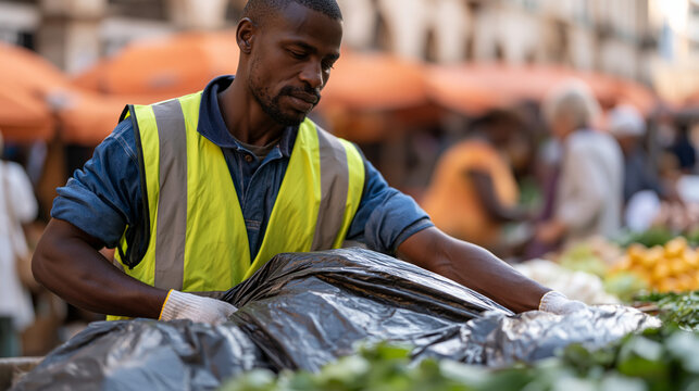 A garbage collection worker in a high-visibility vest loads refuse bags at a vibrant open-air market stall row, a large family unit nearby haggling over produce, the early morning