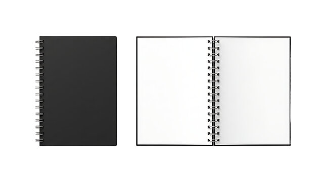 Minimalist spiral notebook mockup, blank open white pages and black closed cover, professional stationery template for branding and sketches