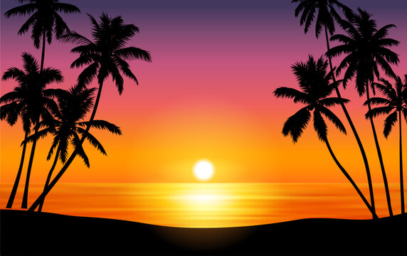 Landscape with black silhouettes of palms on a beach with sunset sky
