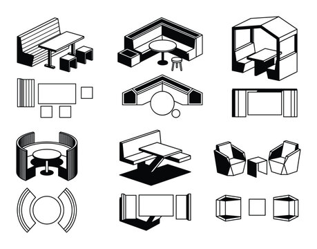 Vector collection of cafe restaurant furniture layouts with isometric and top-down views, including booths, tables