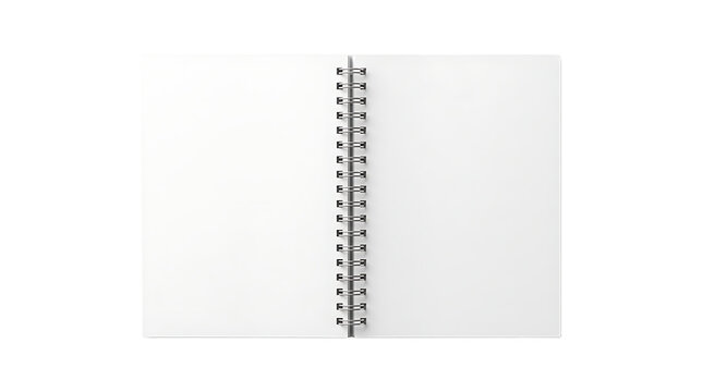 Blank spiral notebook mockup, open white paper notepad with metal wire binding, minimalist stationery template for sketching and journaling