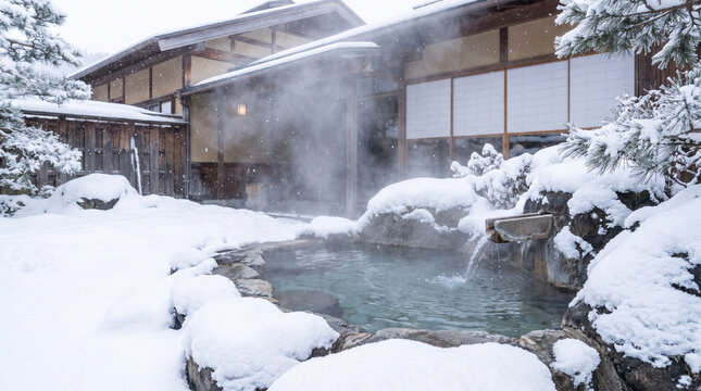 雪景色の中で湯気が立ちのぼる日本の露天温泉