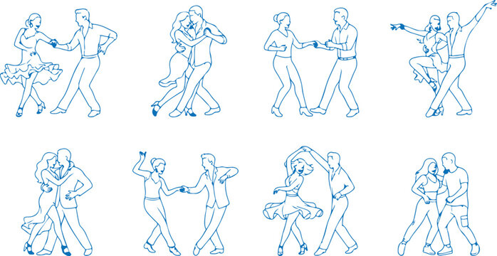 Diverse couples dancing various styles in outline blue drawings against a gray checkered background.