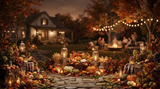 Cozy autumn backyard patio decorated with pumpkins lanterns and string lights at night for a festive fall celebration