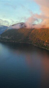 Aerial View on Sea to Sky Highway, Howe Sound and fjords. BC, Canada