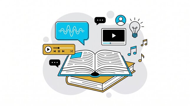 Digital Learning and Online Education Concept Vector Illustration Open Book with Multimedia Audio Video and Analytics Icons