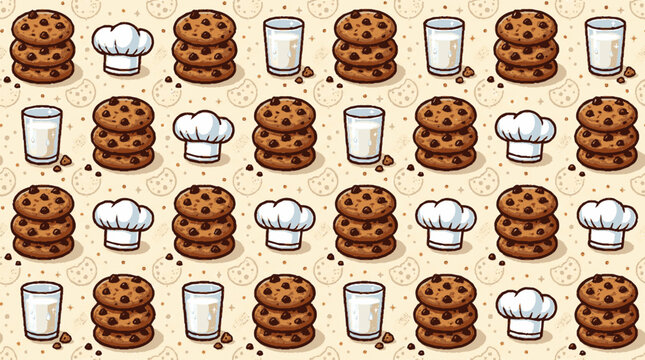 Seamless repeating pattern design featuring stacks of chocolate chip cookies glasses of milk with white chef hats light beige background