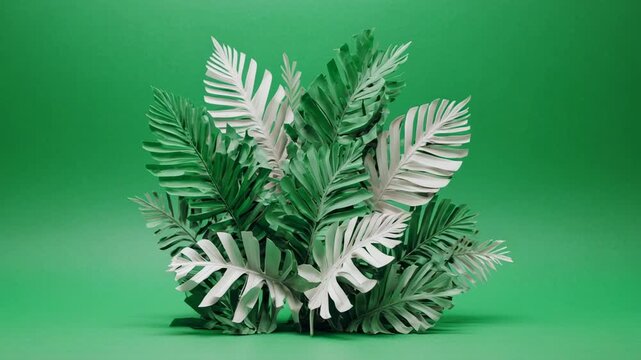 Green and silver leaves arrangement in soft studio lighting with subtle camera movement