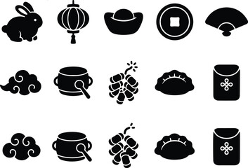 Naklejka premium Chinese New Year Icon Set, Flat Black Vector Symbols for Lunar Holiday Design