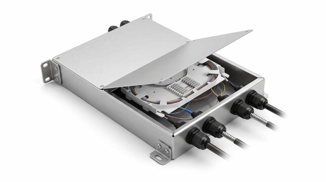 Fiber optic distribution box. Metal telecommunications terminal with cables connected.