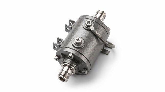 Coaxial RF attenuator component. Industrial telecommunications hardware for signal control.