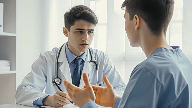 Serious young doctor listening to patient complaints with empathy, engagement writing notes, making records on pad, meeting with young mall for consultation, ex.