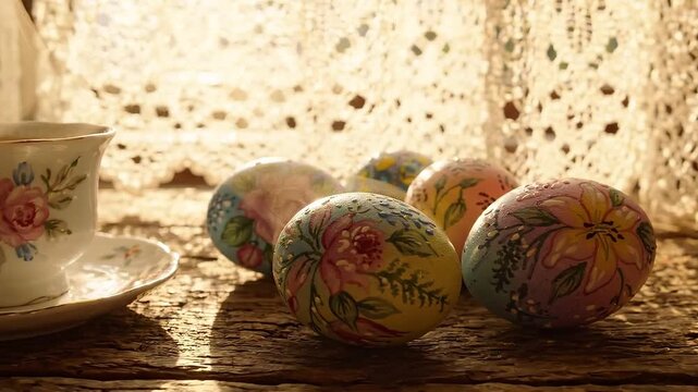 Decorative Easter eggs in pastel colors arranged beside a floral teacup on a rustic wooden table with lace curtains softly illuminated by sunlight