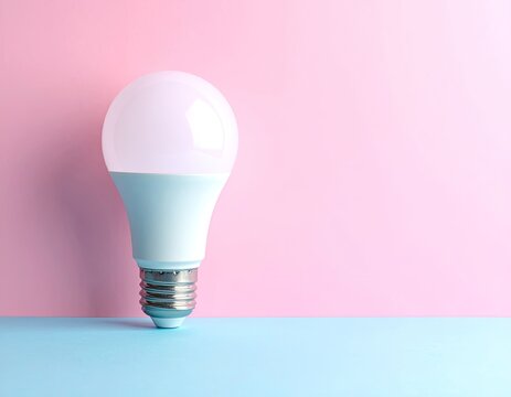 A bright, modern LED bulb rests on a blue surface against a pink background