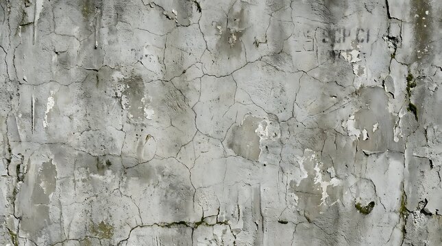 Cracked weathered concrete wall with peeling paint and moss green patches on distressed old surface.