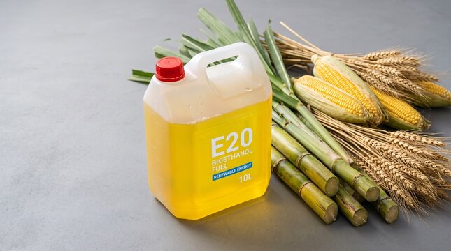 Clear E20 bioethanol fuel jerrycan with mixed agricultural raw ingredients on gray background