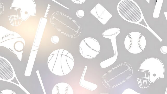 Seamless Sports Equipment Pattern with White Line Art Gear Icons on Light Grey Background