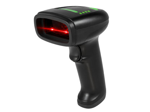 Handheld barcode scanner isolated on transparent background.