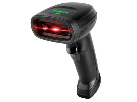 Handheld barcode scanner isolated on transparent background.