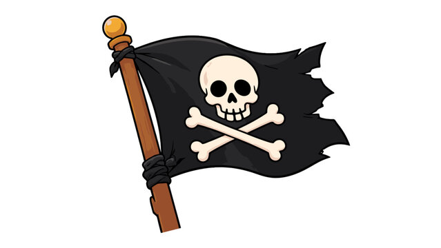 Cartoon pirate flag with skull and crossbones on wooden pole