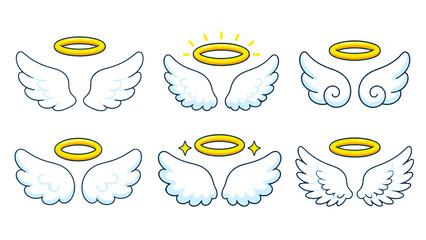 Fototapeta na wymiar Set of angel wings with golden halos in cartoon vector style
