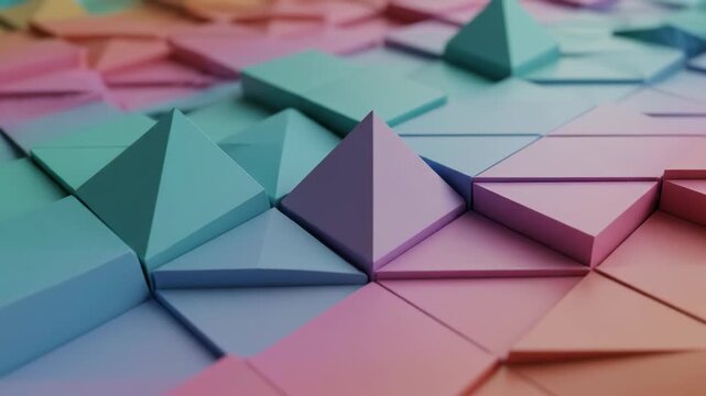 Abstract 3D geometric pattern with interlocking triangular pyramids in a matte pastel gradient transition from teal to purple and orange, featuring a shallow depth of field.