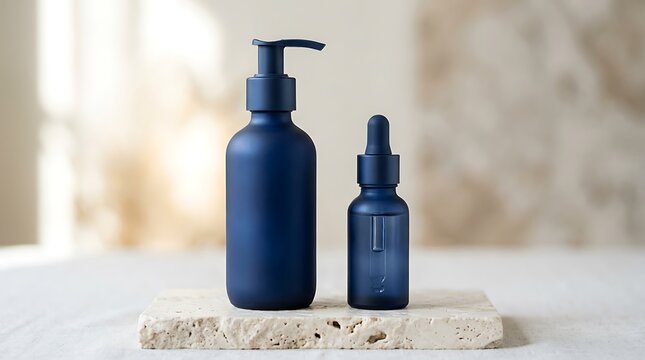 Two Dark Blue Cosmetic Bottles On A Textured Surface With Soft Natural Lighting