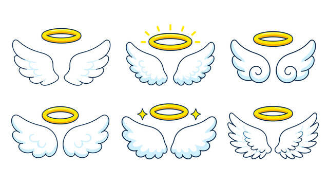 Set of angel wings with golden halos in cartoon vector style