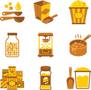 Collection of flat design icons representing popcorn and related ingredients, including kernels, measuring spoons, butter, popcorn bags, containers, and a popcorn machine, in a warm yellow and brown