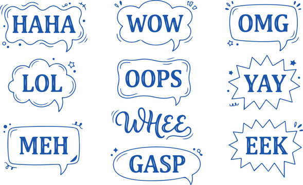 Set of doodle speech bubbles with popular slang and interjections like haha, lol, omg, wow, yay, eek, gasp, meh, oops, whee.