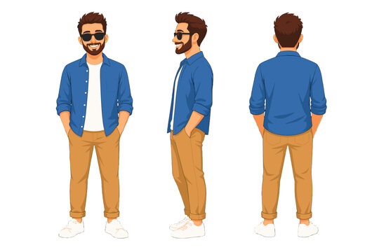 Casual bearded man character in front side and back views