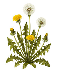 Obraz premium Botanical illustration of dandelion plant with flowers and seed heads
