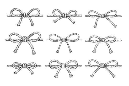 Hand drawn rope bow knot set isolated on white background