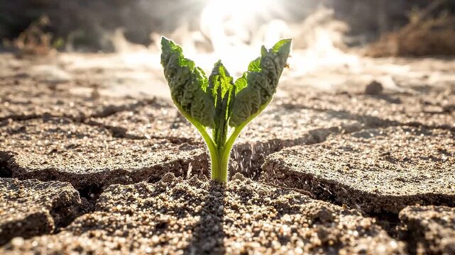 Green plant sprouts from cracked dry soil, emerging with visible moisture droplets under sunlight, showcasing resilience in a harsh environment with sandy texture