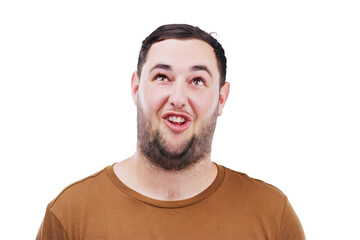 Fototapeta premium Man, funny and and comic, joke and crazy expression for student on vacation for relax. Young person, goofy and silly emoji with fashion, trendy or clothes and isolated on transparent png background