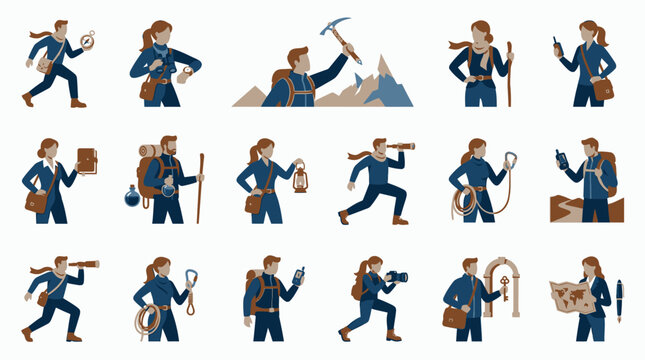 Business people as explorers and navigators character icons.