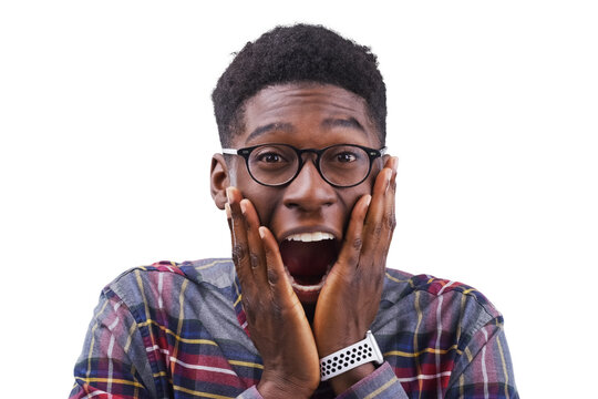 Black man, portrait and surprise in OMG, wow or shocked isolated on a transparent PNG background. Face of surprised African male person with hands or facial expression for lucky prize or good news